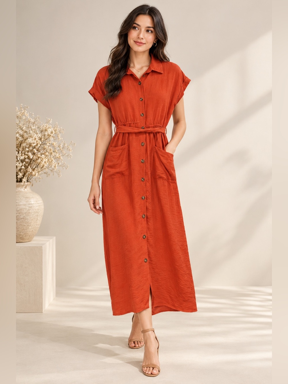 Millennium Orange Rust Button Front Belted Maxi Dress Size S